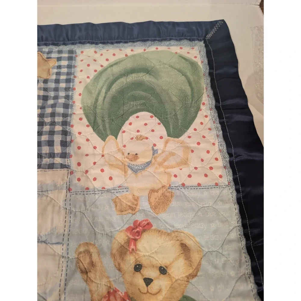 Vintage Blue Jean Teddy Bear Quilt Baby Crib Blanket 42x33 Nursery 90s